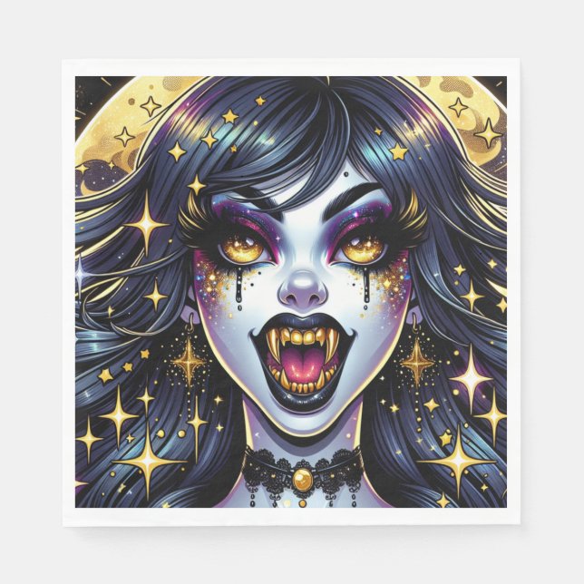 Vampire with Gold Fangs Full Moon Halloween Party Napkin (Front)