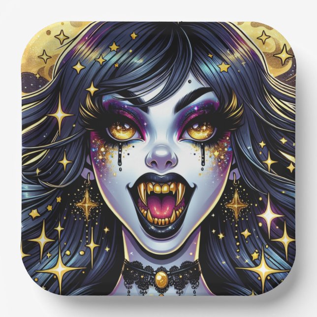 Vampire with Gold Fangs Full Moon Halloween Party Paper Plate (Front)