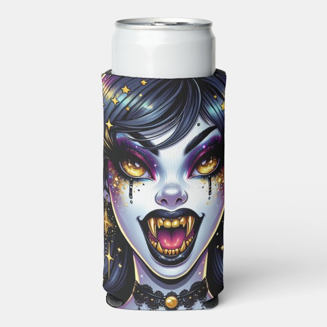 Vampire with Gold Fangs Full Moon Halloween Party Seltzer Can Cooler (Seltzer Front)