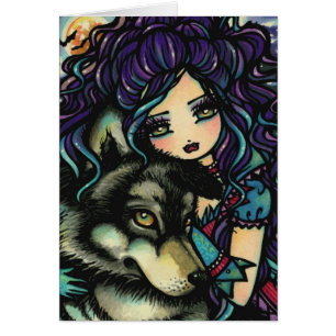 Vampire Wolf Moon Night Sky Bats Girl Art Card