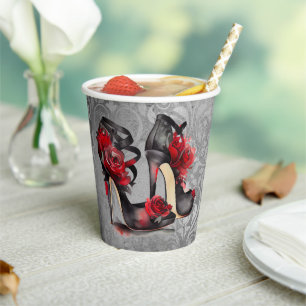 Vampy Strappy Stilettos Red Rose Heels on Grunge Paper Cups