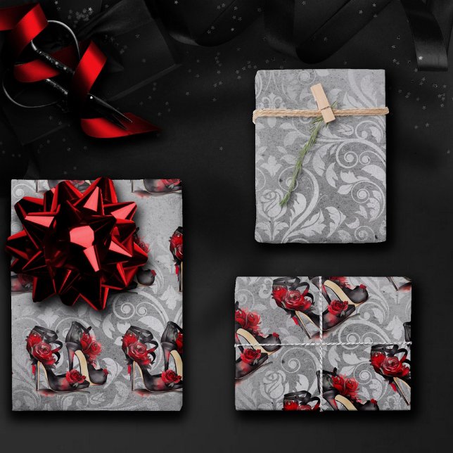 Vampy Strappy Stilettos | Red Rose Heels on Grunge Wrapping Paper Sheet (Creator Uploaded)