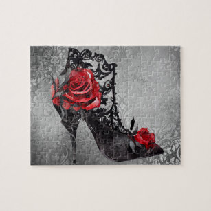 Vampy Vogue Grunge   Stiletto Lace Bootie Roses Jigsaw Puzzle