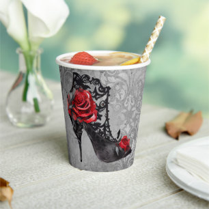 Vampy Vogue Grunge Stiletto Lace Bootie Roses Paper Cups