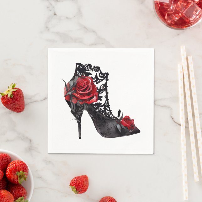 Vampy Vogue | Stiletto Lace Bootie and Red Roses Napkin (Insitu)