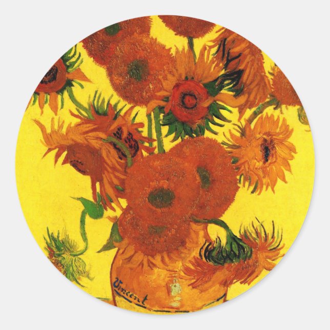 Van Gogh 15 Sunflowers Classic Round Sticker (Front)