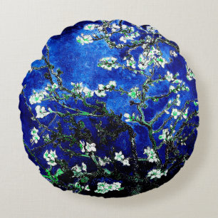 Van Gogh Almond Blossoms blue green Round Pillow