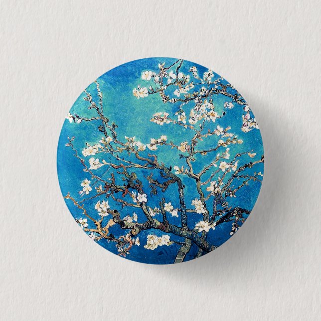 Van Gogh Almond Blossoms bright turquoise 1 Inch Round Button (Front)
