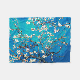 Van Gogh Almond Blossoms bright turquoise Fleece Blanket