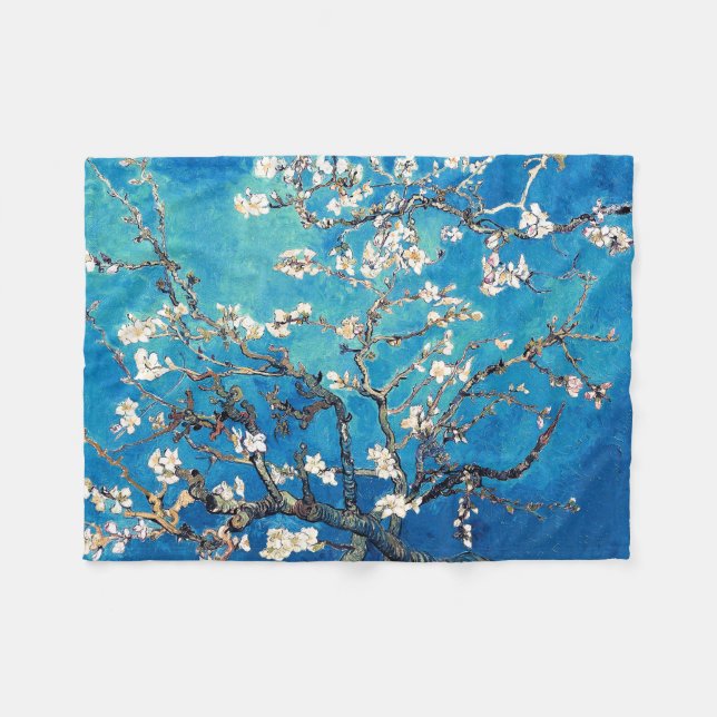 Van Gogh Almond Blossoms bright turquoise Fleece Blanket (Front (Horizontal))