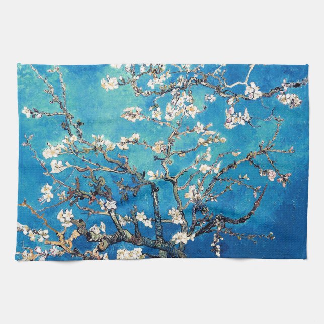 Van Gogh Almond Blossoms Bright Turquoise Kitchen Towel (Horizontal)