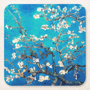 Van Gogh Almond Blossoms bright turquoise Square Paper Coaster