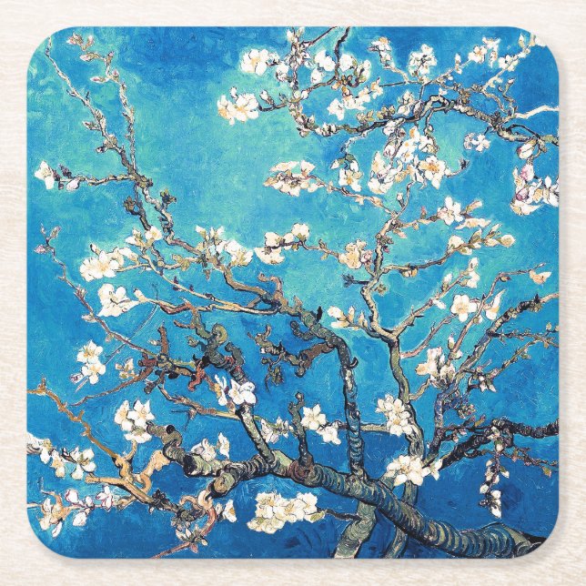 Van Gogh Almond Blossoms bright turquoise Square Paper Coaster (Front)