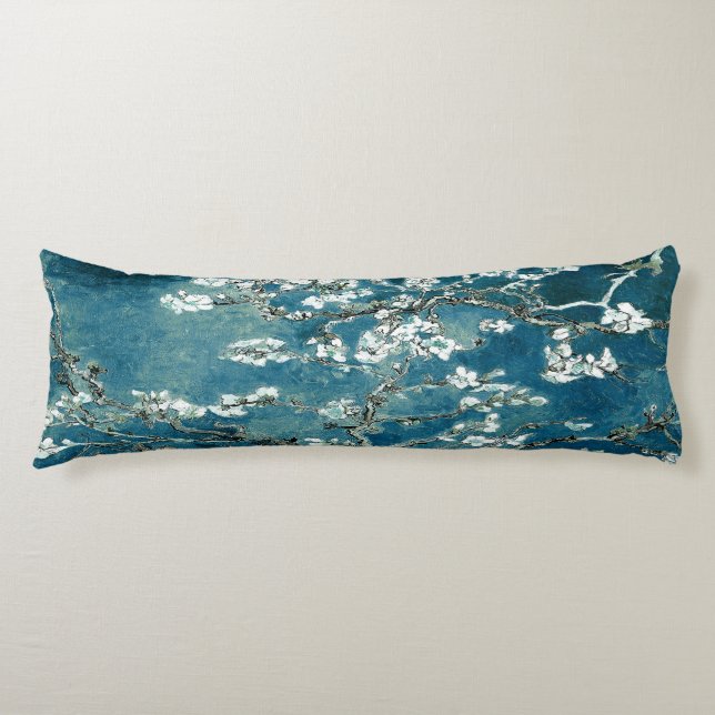 Van Gogh Almond Blossoms Dark Teal Body Pillow (Front)