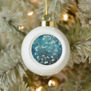 Van Gogh Almond Blossoms Dark Teal Ceramic Ball Christmas Ornament