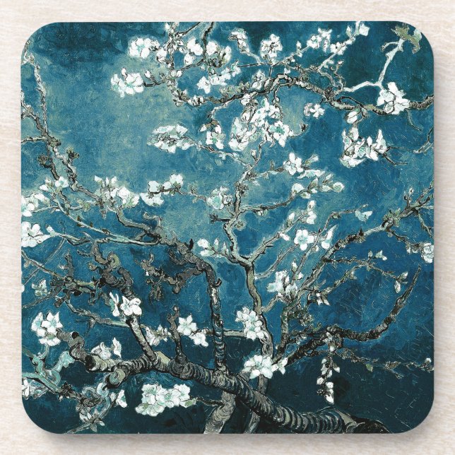 Van Gogh Almond Blossoms : Dark Teal Coaster (Front)