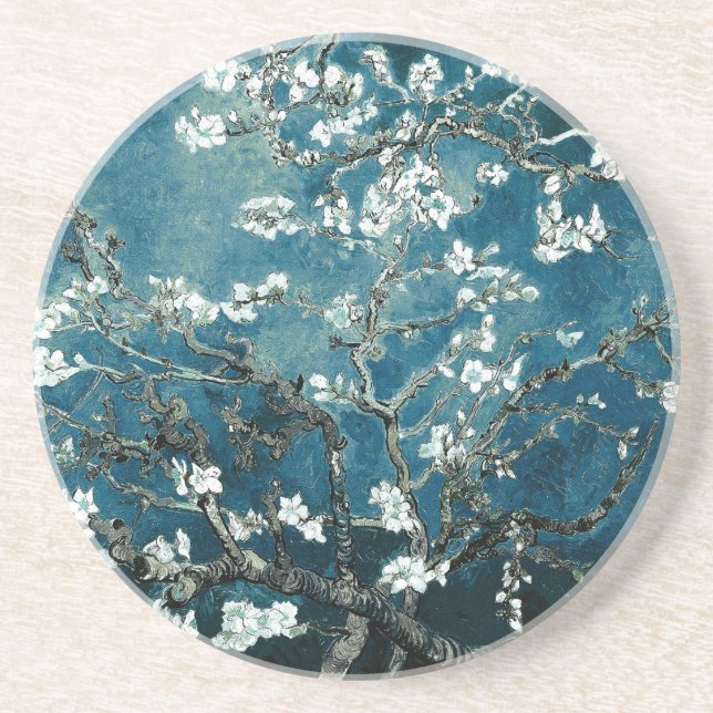 Van Gogh Almond Blossoms : Dark Teal Coaster (Front)