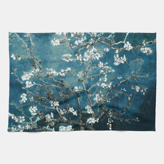 Van Gogh Almond Blossoms Dark Teal Kitchen Towel (Horizontal)
