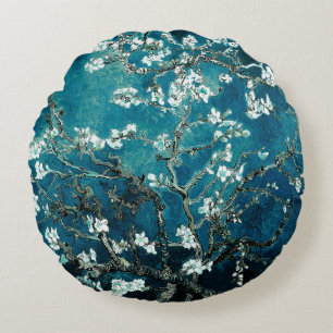 Van Gogh Almond Blossoms : Dark Teal Round Pillow