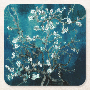 Van Gogh Almond Blossoms : Dark Teal Square Paper Coaster