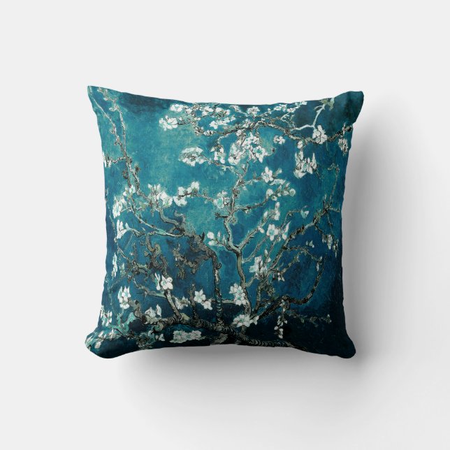 Van Gogh Almond Blossoms Dark Teal Throw Pillow (Front)