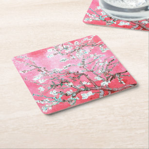 Van Gogh Almond Blossoms Pink Blue Square Paper Coaster