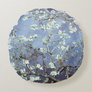 Van Gogh Almond Blossoms Steel Blue Round Pillow