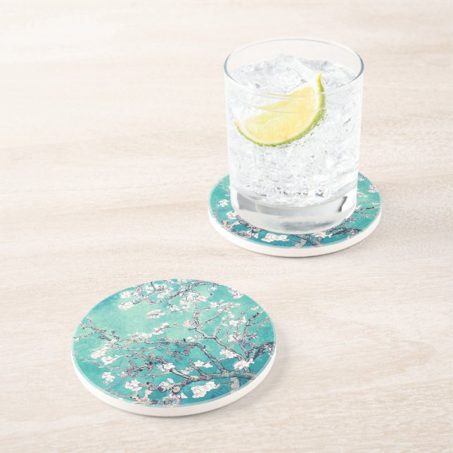 Van Gogh Almond Blossoms Turquoise Coaster (Side)