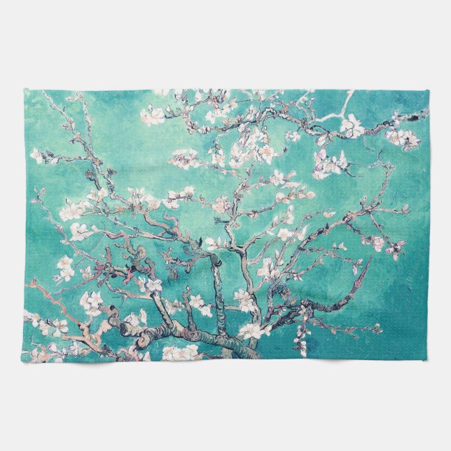 Van Gogh Almond Blossoms Turquoise Kitchen Towel (Horizontal)