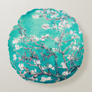 Van Gogh Almond Blossoms Turquoise Round Pillow