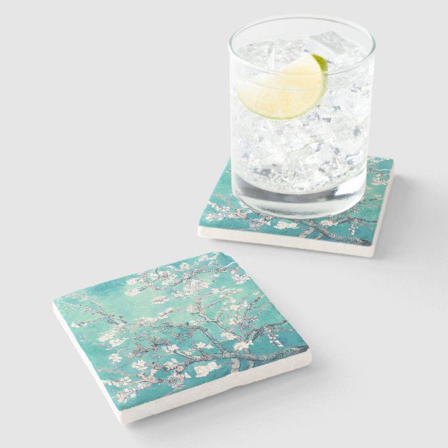 Van Gogh Almond Blossoms Turquoise Stone Coaster (Side)