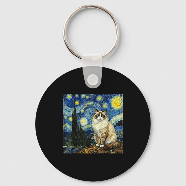 Van Gogh Art Starry Night - Funny Ragdoll Cat Arti Keychain (Front)