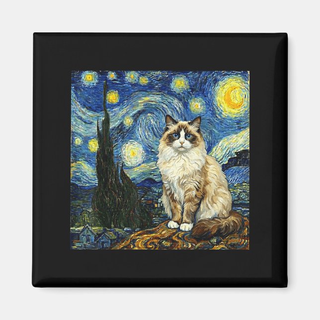 Van Gogh Art Starry Night - Funny Ragdoll Cat Arti Magnet (Front)