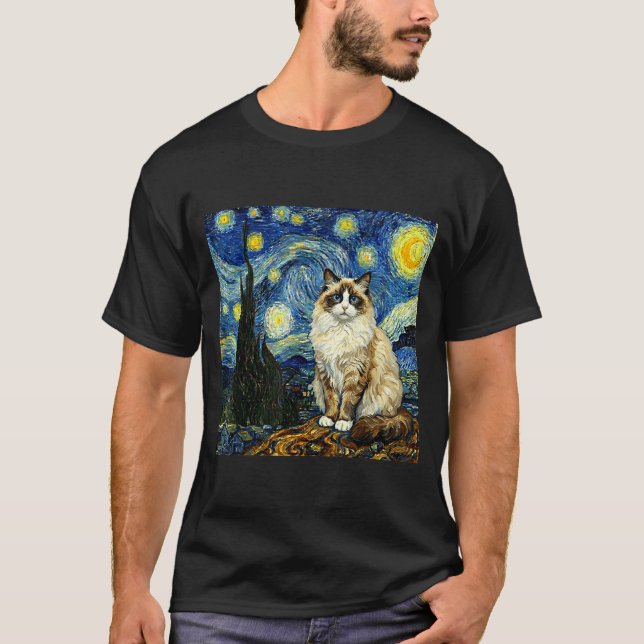 Van Gogh Art Starry Night - Funny Ragdoll Cat Arti T-Shirt (Front)
