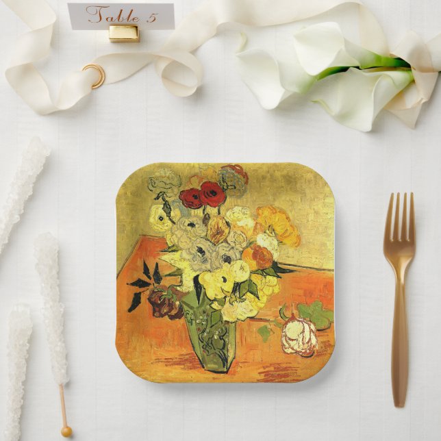 Van Gogh artwork, Japanese Vase with Roses, Paper Plate (Wedding)