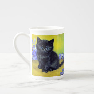 Van Gogh Black Cat Purple Flowers Bone China Mug