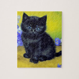 Van Gogh Black Cat Purple Flowers Jigsaw Puzzle