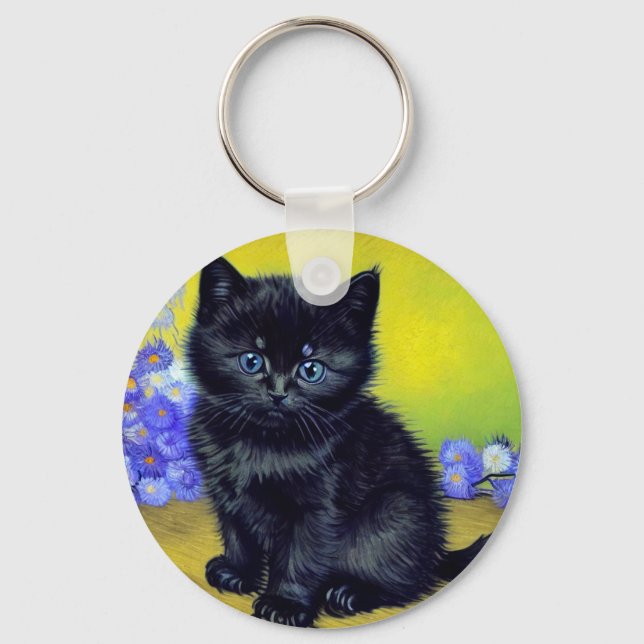  Van Gogh Black Cat Purple Flowers Keychain (Front)