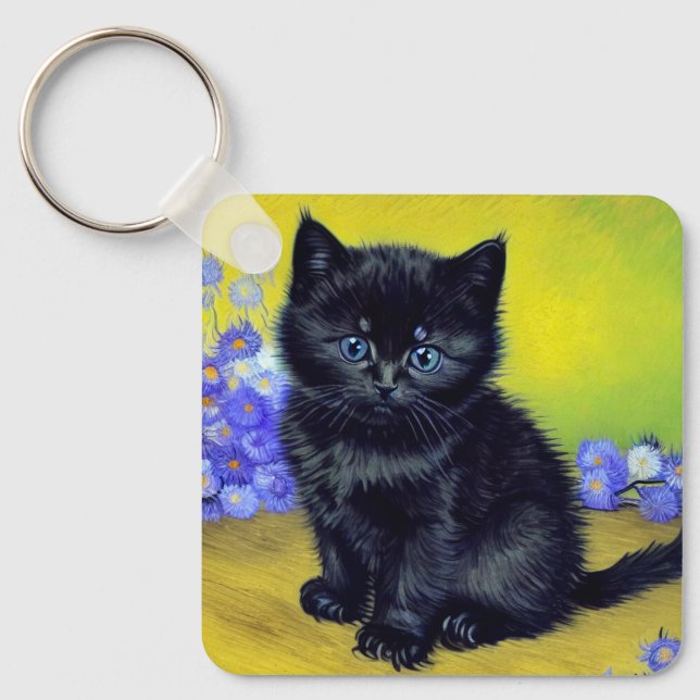 Van Gogh Black Cat Purple Flowers Keychain (Front)