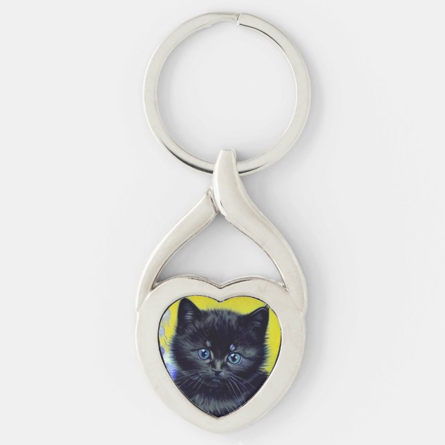 Van Gogh Black Cat Purple Flowers Keychain (Front)