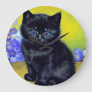 Van Gogh Black Cat Purple Flowers Large Clock