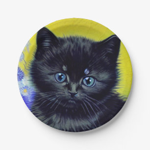Van Gogh Black Cat Purple Flowers Paper Plate
