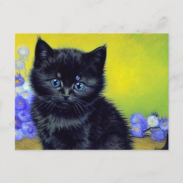 Van Gogh Black Cat Purple Flowers Postcard (Front)