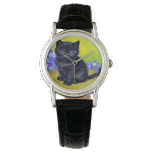 Van Gogh Black Cat Purple Flowers Watch