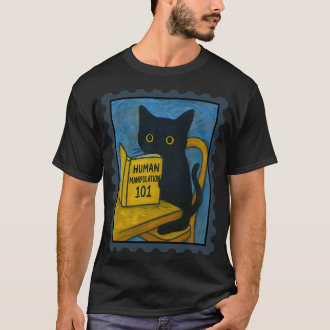 Van Gogh Black Cat Reading Human Manipulation Fun T-Shirt (Front)
