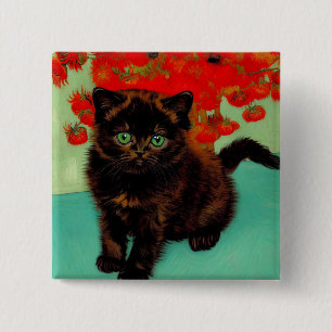 Van Gogh Black Cat Red Flowers 2 Inch Square Button
