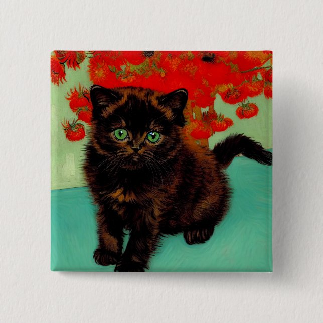 Van Gogh Black Cat Red Flowers 2 Inch Square Button (Front)