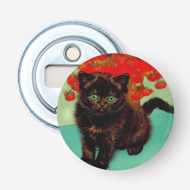Van Gogh Black Cat Red Flowers Bottle Opener (Front)