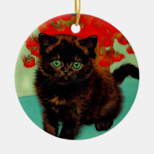 Van Gogh Black Cat Red Flowers Ceramic Ornament