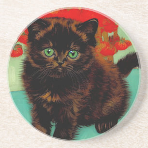 Van Gogh Black Cat Red Flowers Coaster